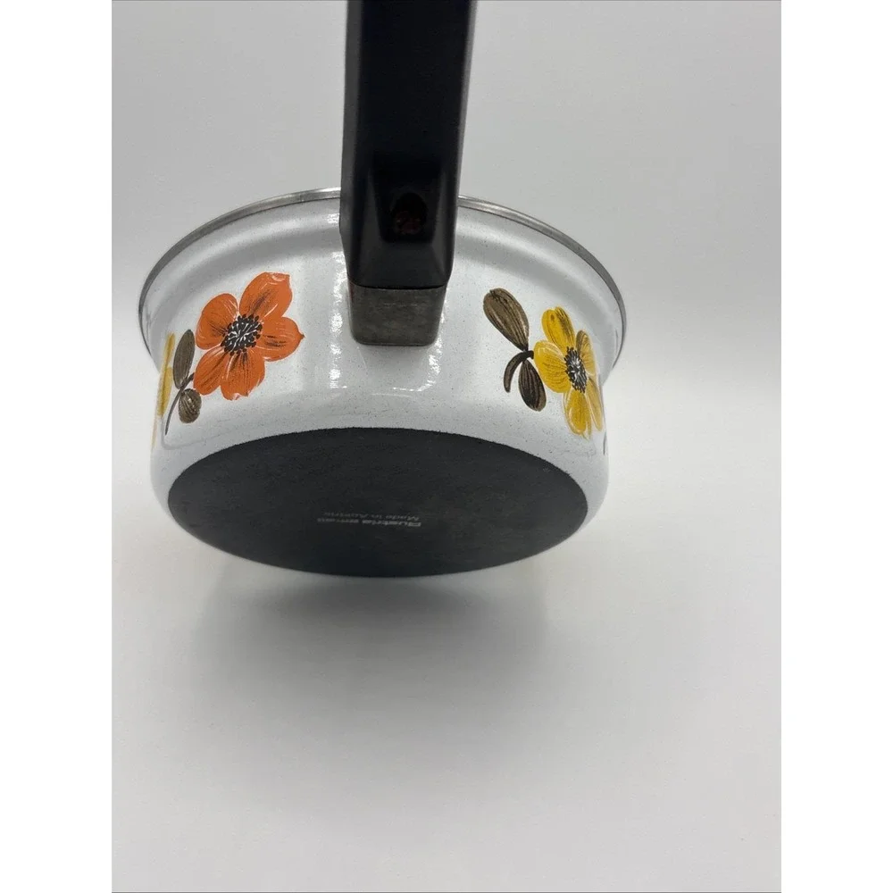 Vtg Austria Email Primavera Enamelware Saucepan Mod 70s Orange Floral Flower Pan